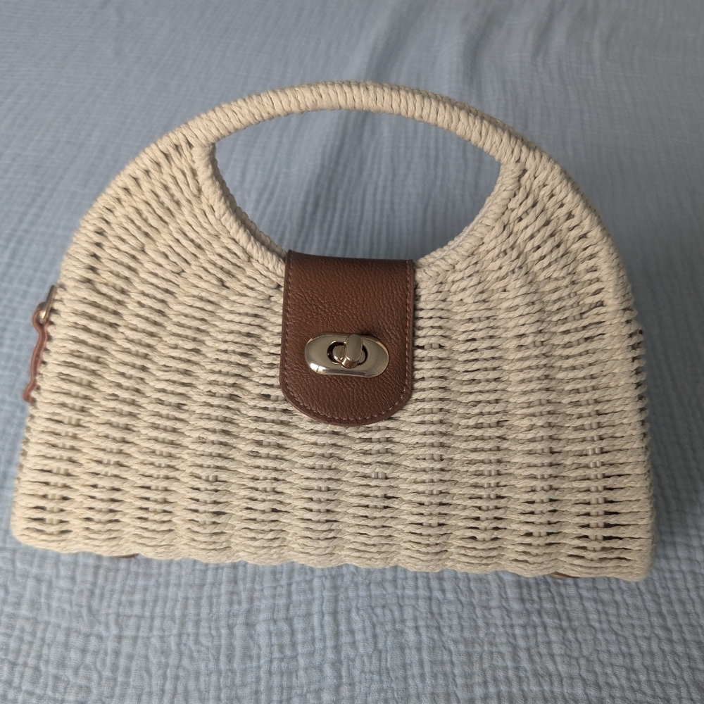 Elegant Cream and Brown Woven Handbag